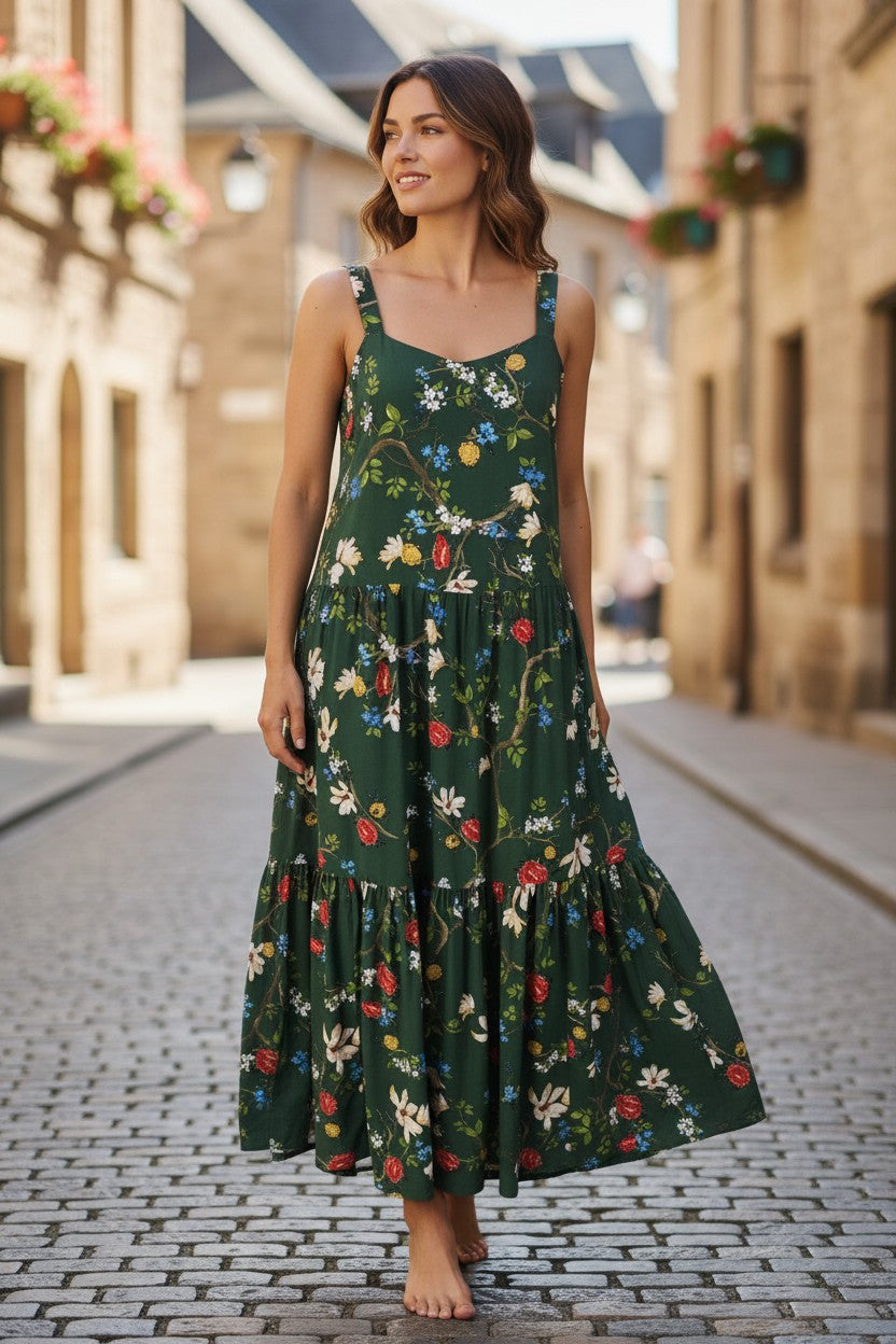 Frippindealz Robe longue en viscose kaki à motif floral multicolore, style boho chic
