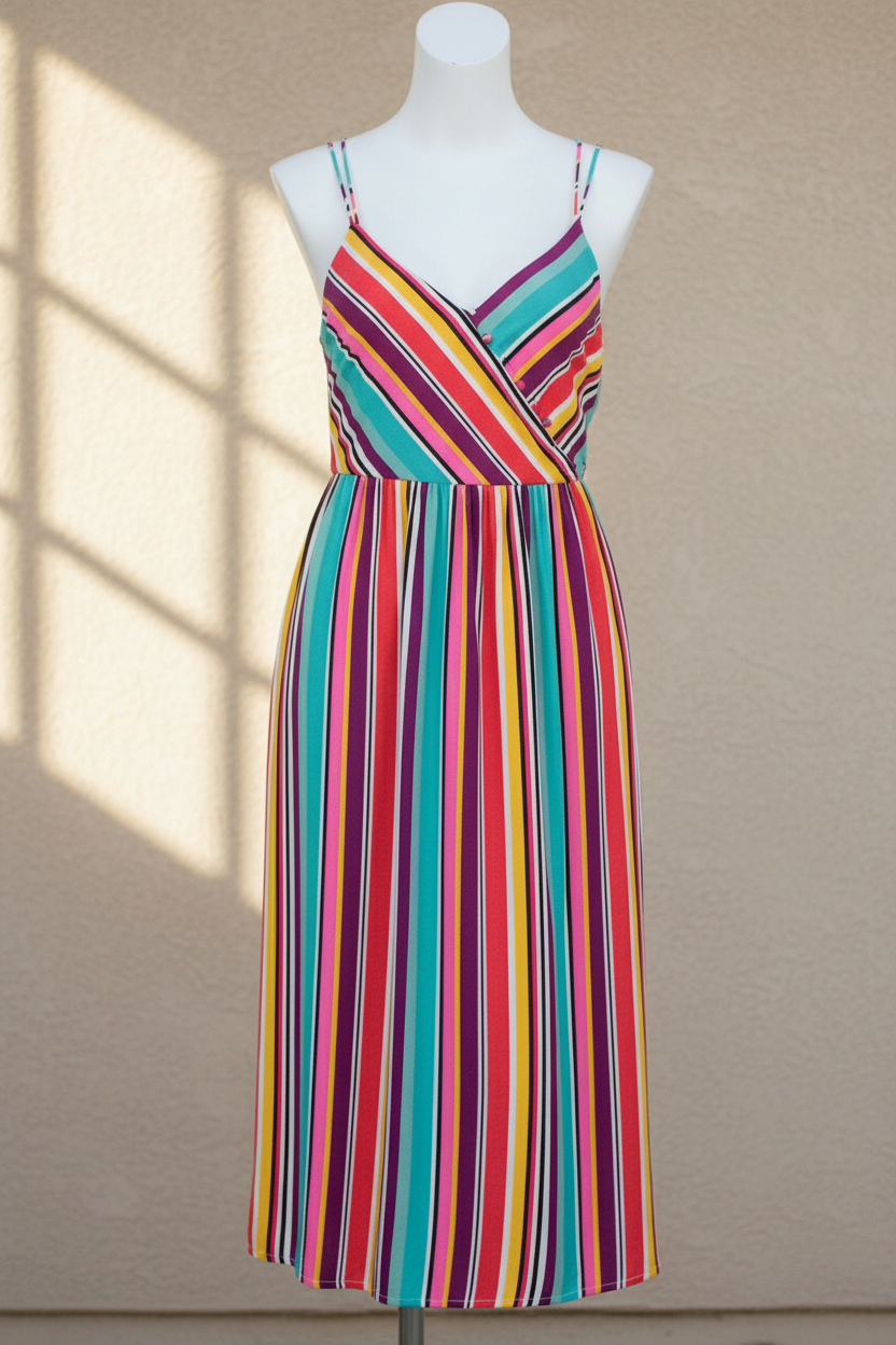 Robe longue Frippindealz en viscose multicolore à rayures verticales, col croisé et fines bretelles