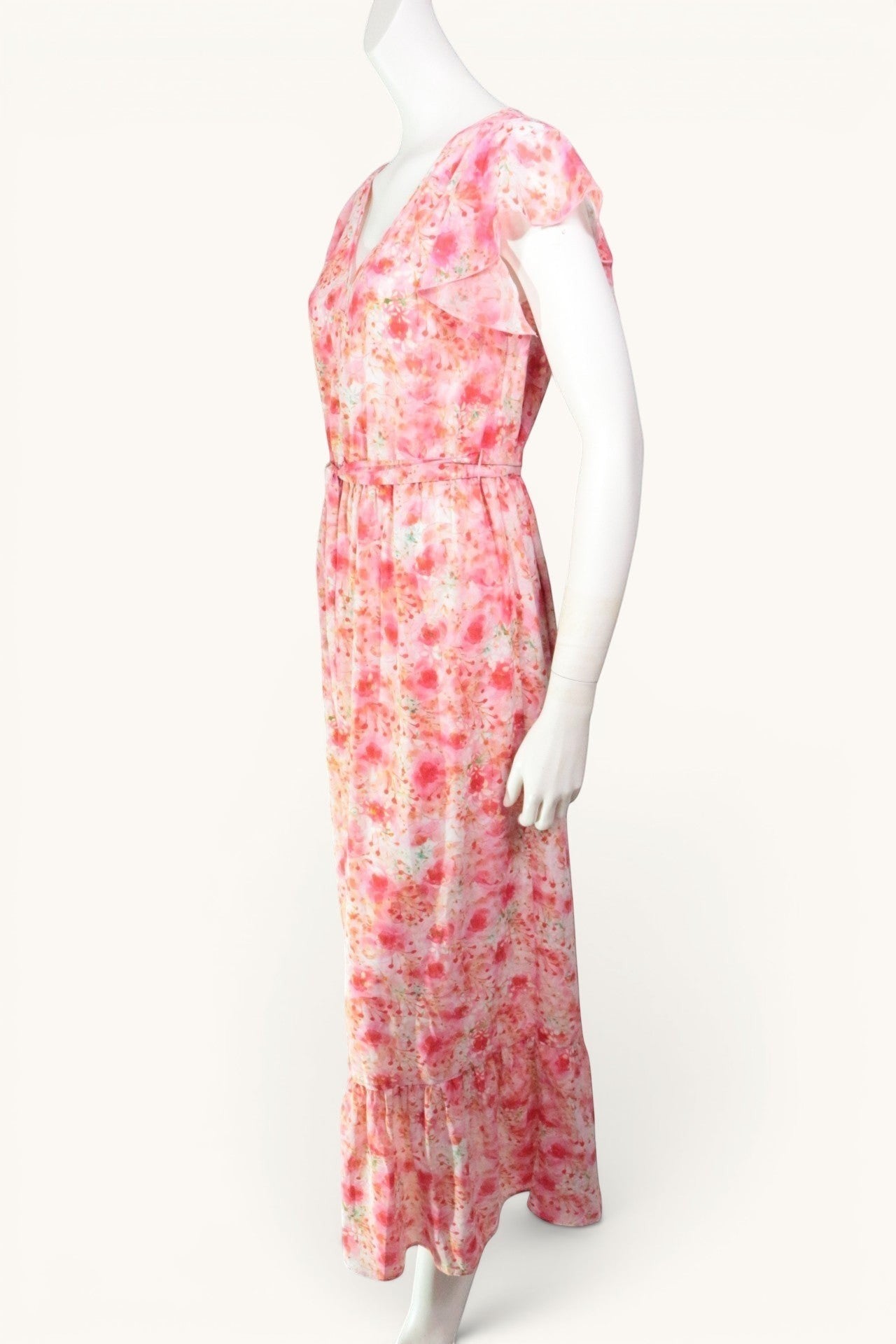 Robe longue Frippindealz K design rose à motif floral, coupe évasée avec ceinture, en polyester, vue de profil.