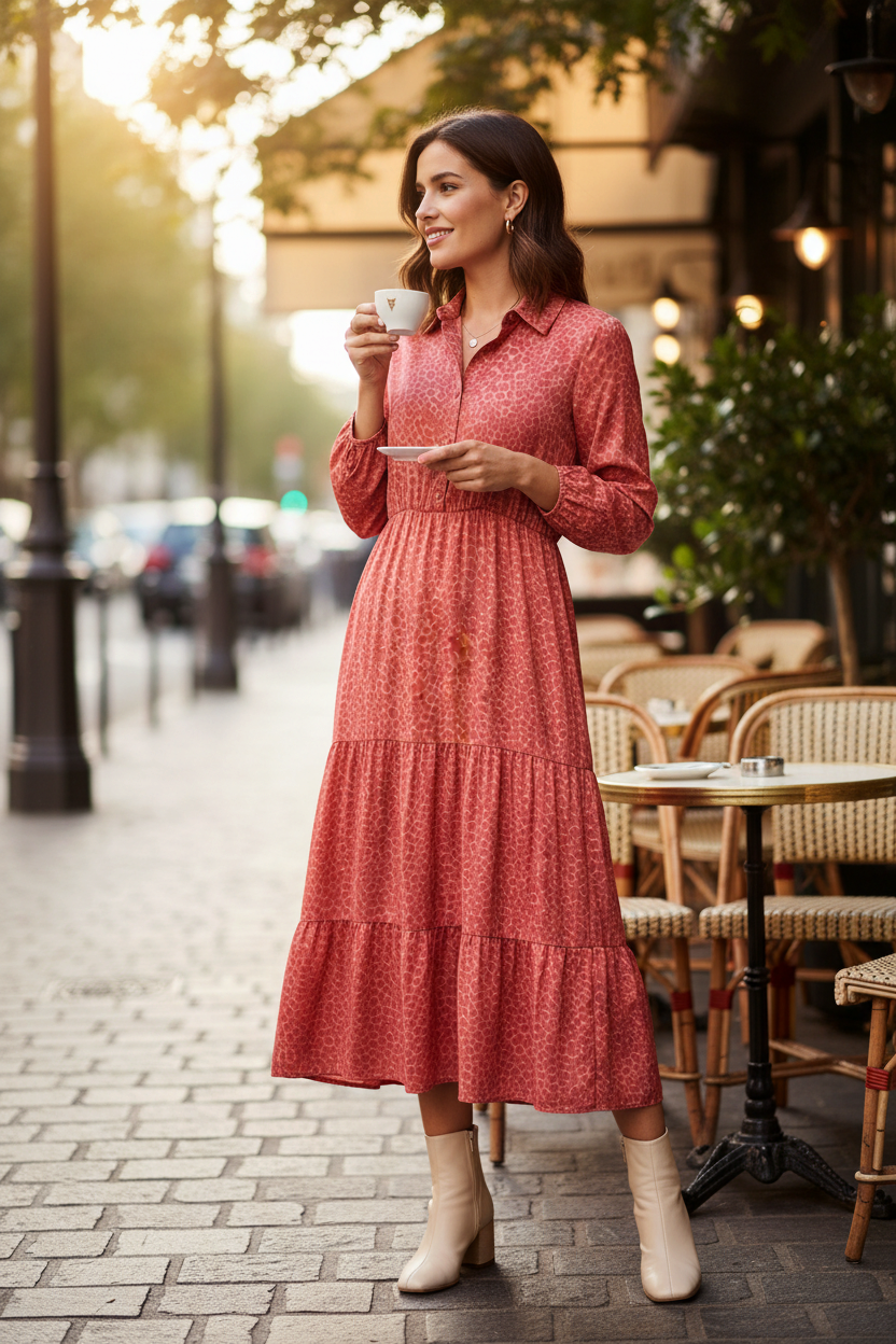 Femme portant une robe longue orange à motif léopard Amelie & Amelie avec des bottines beiges en terrasse de café