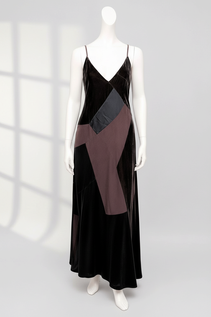Robe longue Zara Frippindealz en velours marron et noir avec empiècements géométriques et fines bretelles