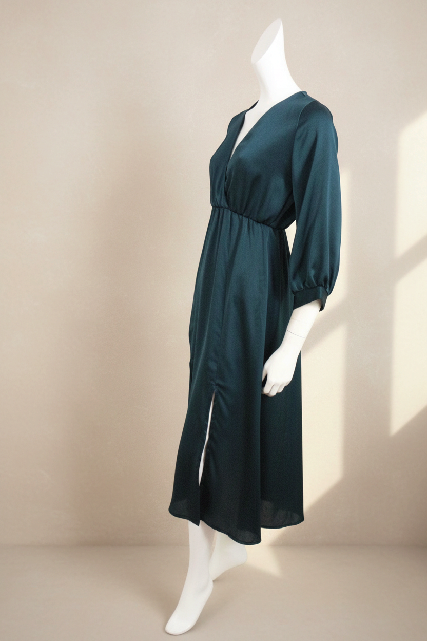 Robe longue Frippindealz vert profond en polyester avec manches longues et fente latérale sur mannequin