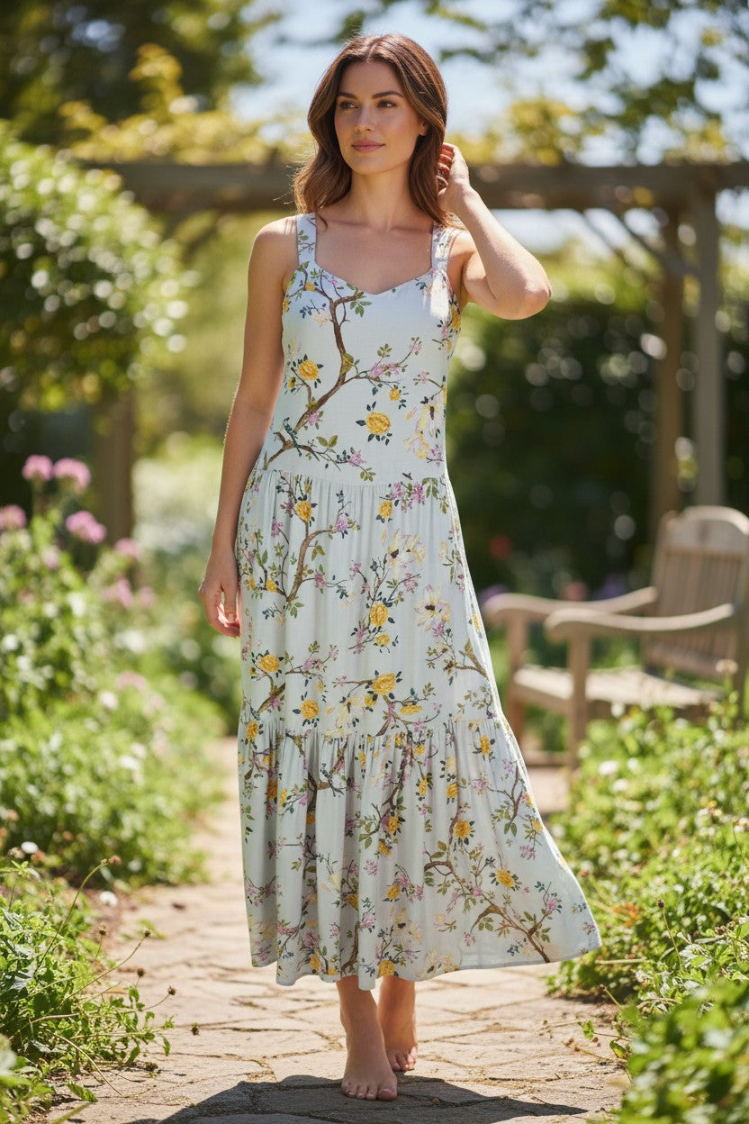 Frippindealz Robe longue Superdry en viscose gris imprimé floral jaune et rose, style bohème chic