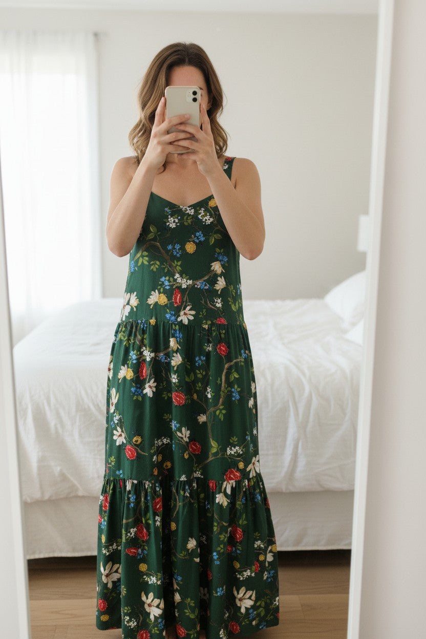 Frippindealz Robe longue en viscose verte à imprimé floral multicolore, style boho chic