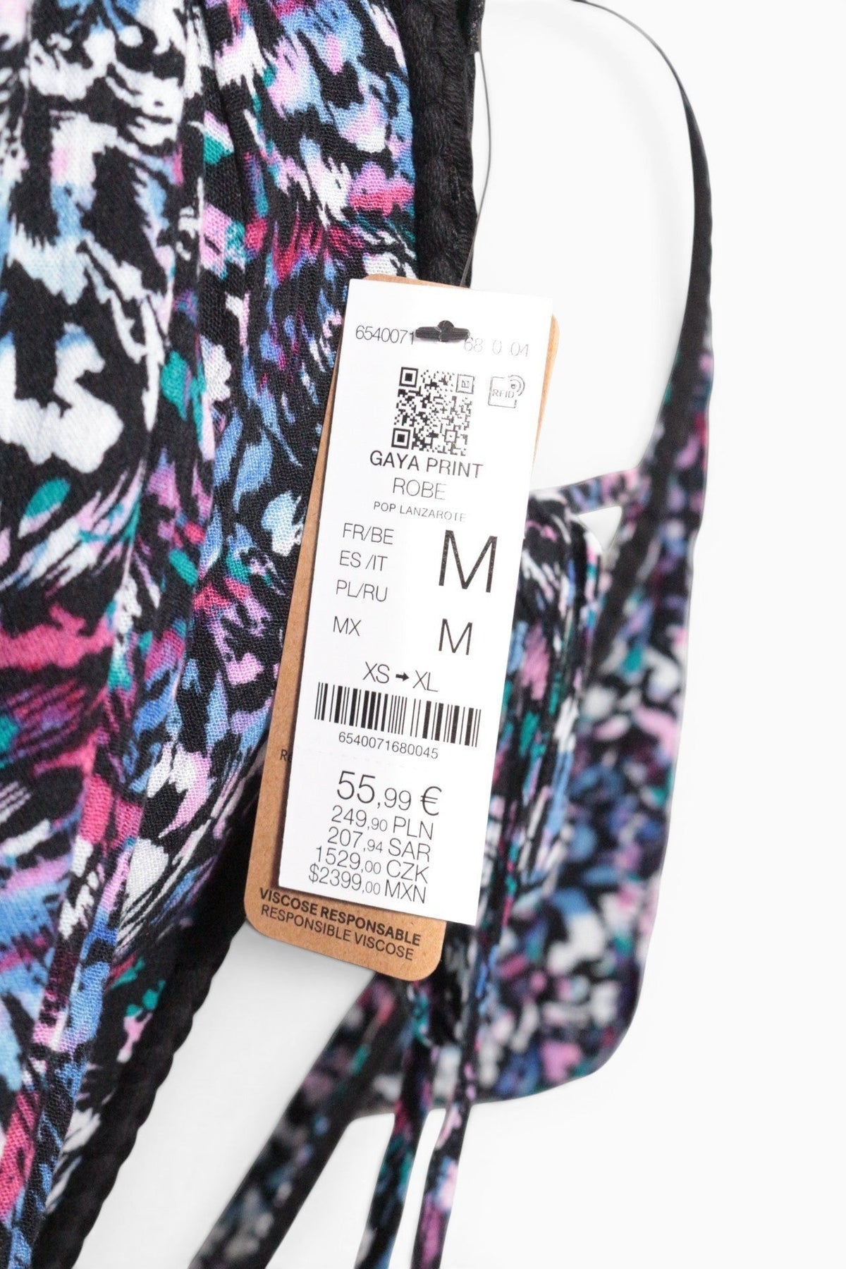 Robe longue Frippindealz en viscose multicolore avec motifs abstraits rose, noir et blanc et étiquette de prix