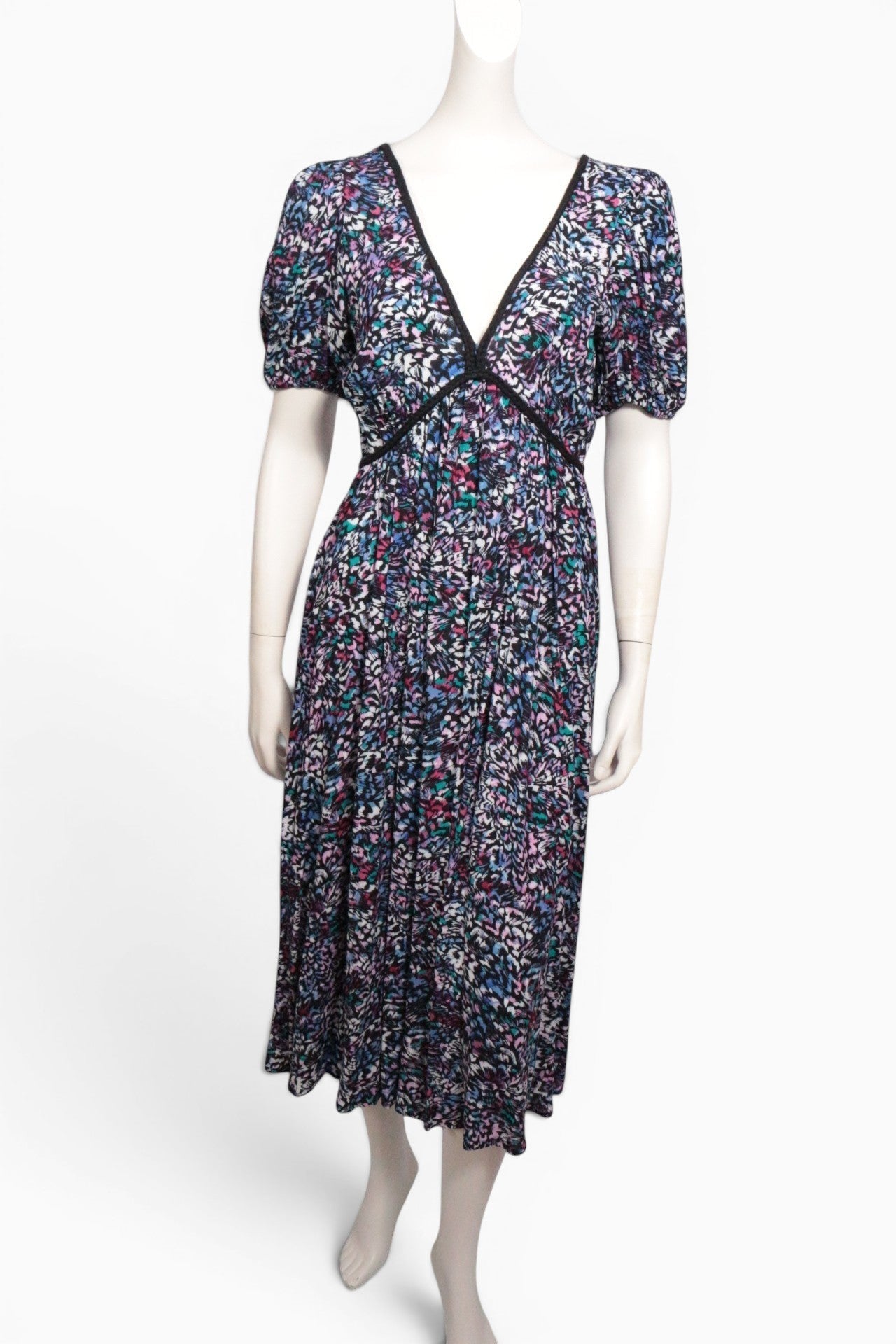 Robe longue Frippindealz Etam en viscose multicolore avec col en V, manches bulles et imprimé floral abstrait