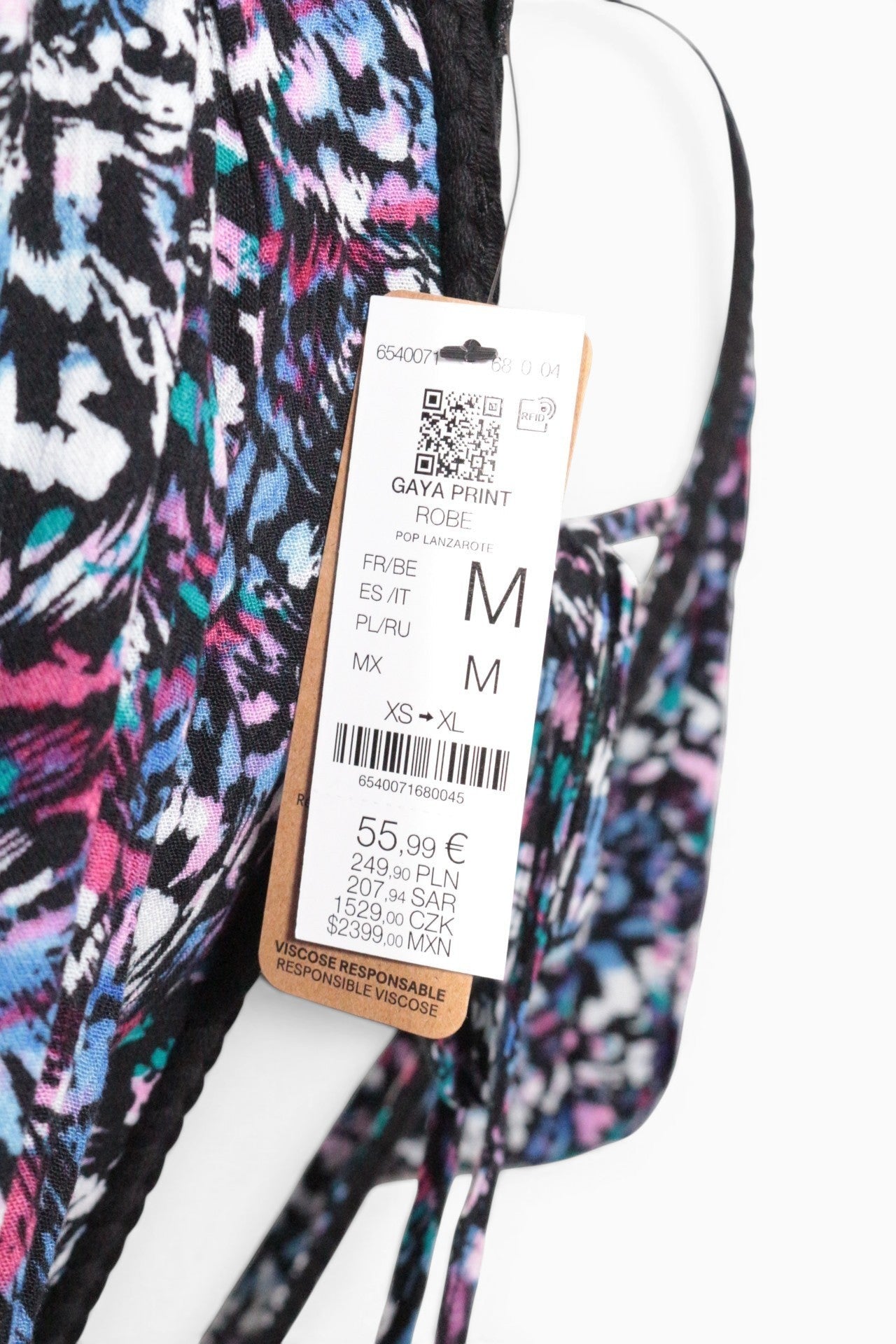 Robe longue Frippindealz en viscose multicolore avec motifs abstraits rose, noir et blanc et étiquette de prix