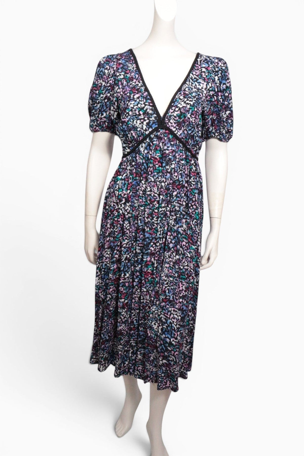 Robe longue Frippindealz Etam en viscose multicolore avec col en V, manches bulles et imprimé floral abstrait