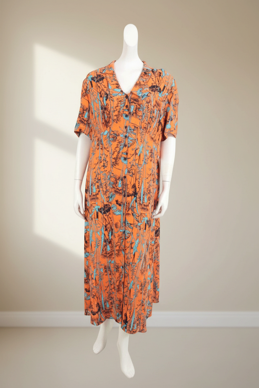 Robe longue Zibilondon Frippindealz en viscose orange et bleue à motif floral, coupe fluide et boutonnée