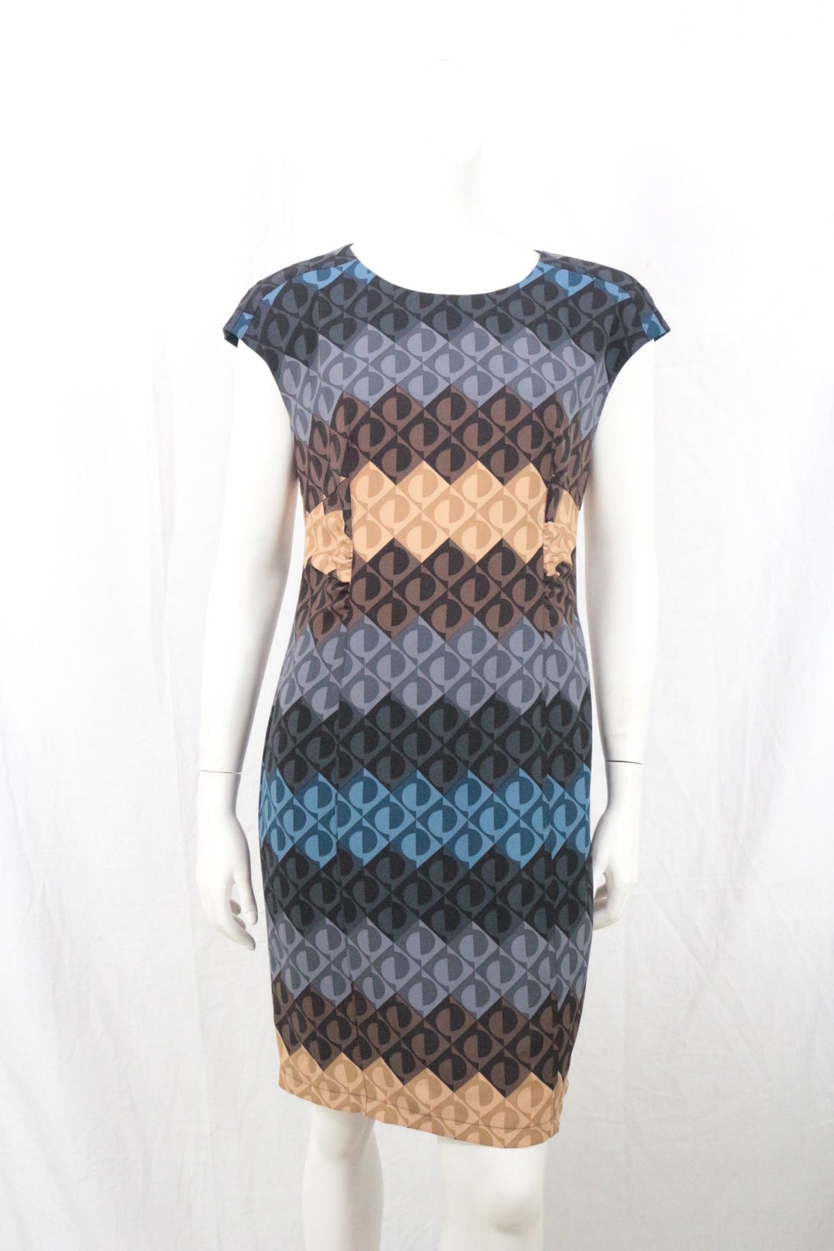 Robe Melvin Frippindealz en polyester marron et bleu à motif géométrique rétro des années 60, coupe cintrée