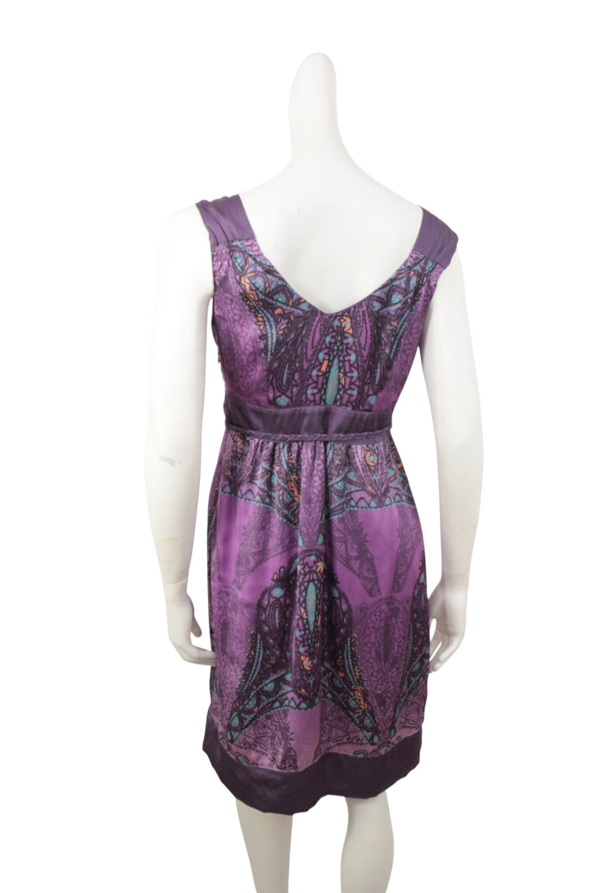 Robe courte Frippindealz Mexx violette et turquoise à motif cachemire, coupe empire avec décolleté en V au dos