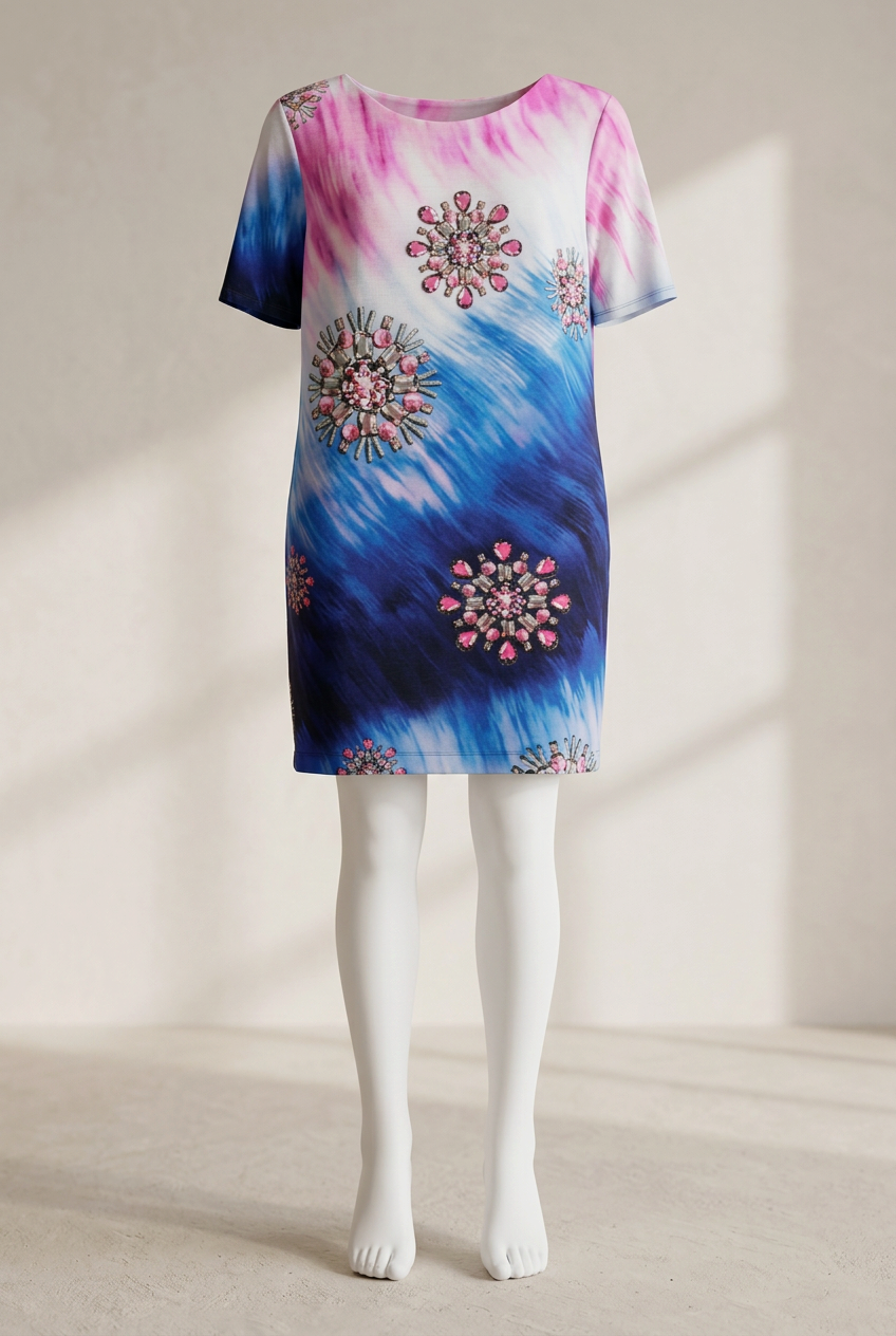 Robe mi-longue Frippindealz en polyester bleu et rose avec imprimé abstrait et détails décoratifs en strass