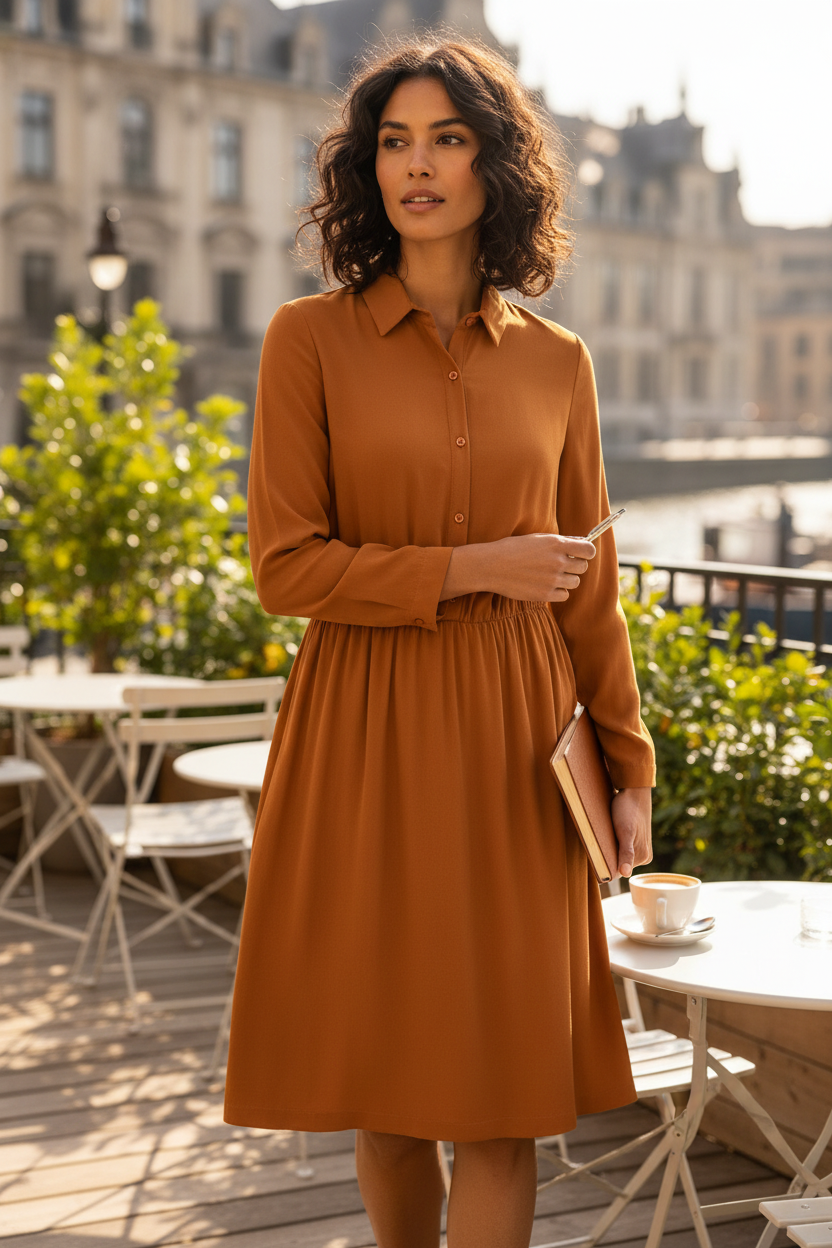Robe mi-longue Frippindealz Sinéquanone en viscose camel avec col chemise portée par une femme en terrasse