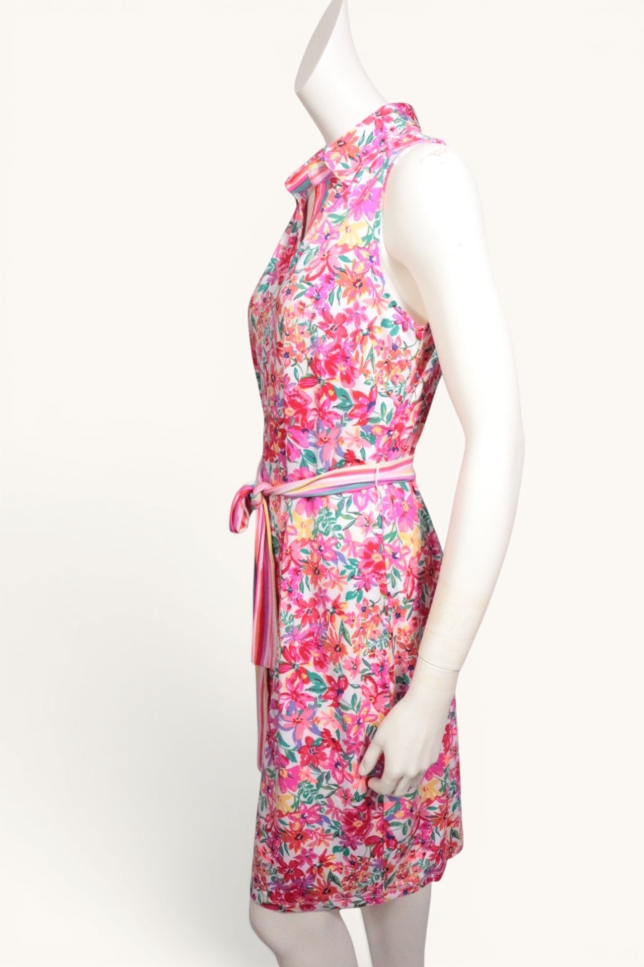 Robe mi-longue Frippindealz K design à imprimé floral rouge et multicolore avec col chemise et ceinture
