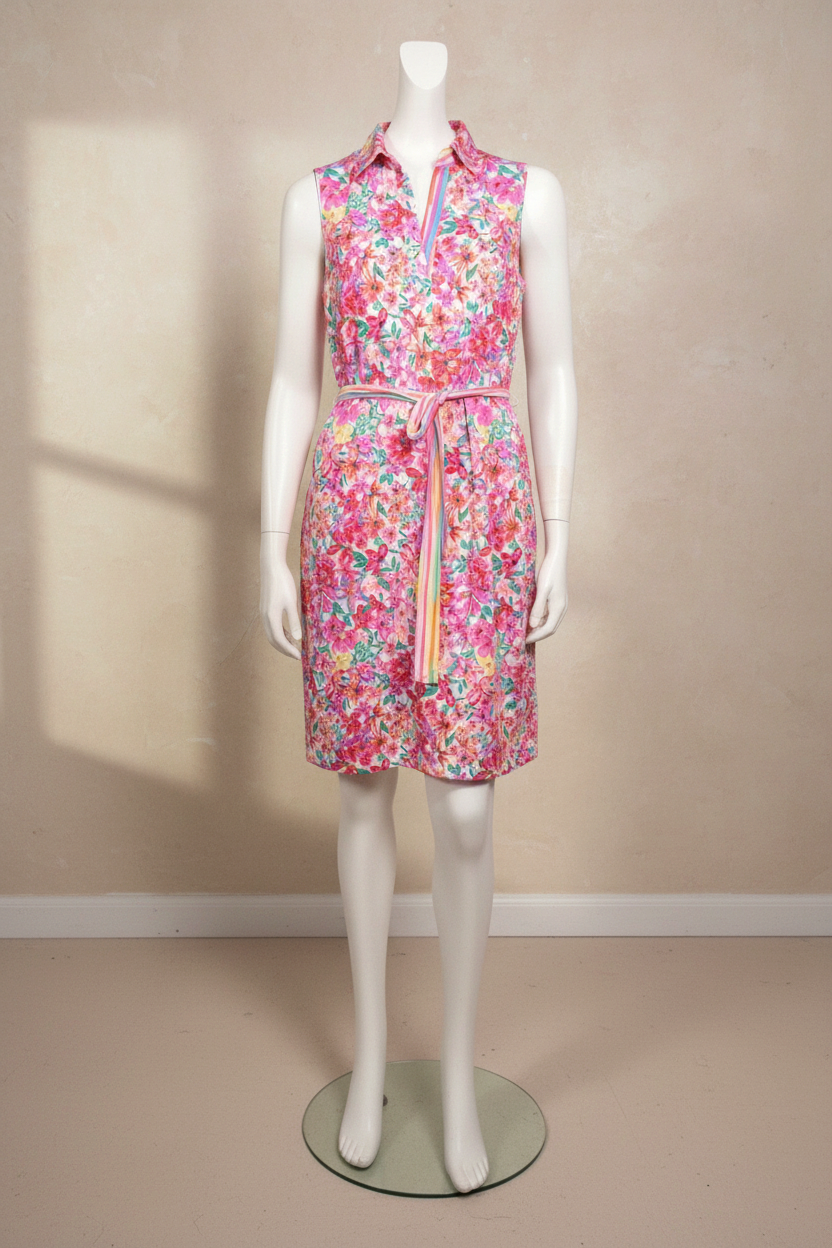 Robe mi-longue Frippindealz K design à imprimé floral multicolore, col chemise et ceinture, en polyester