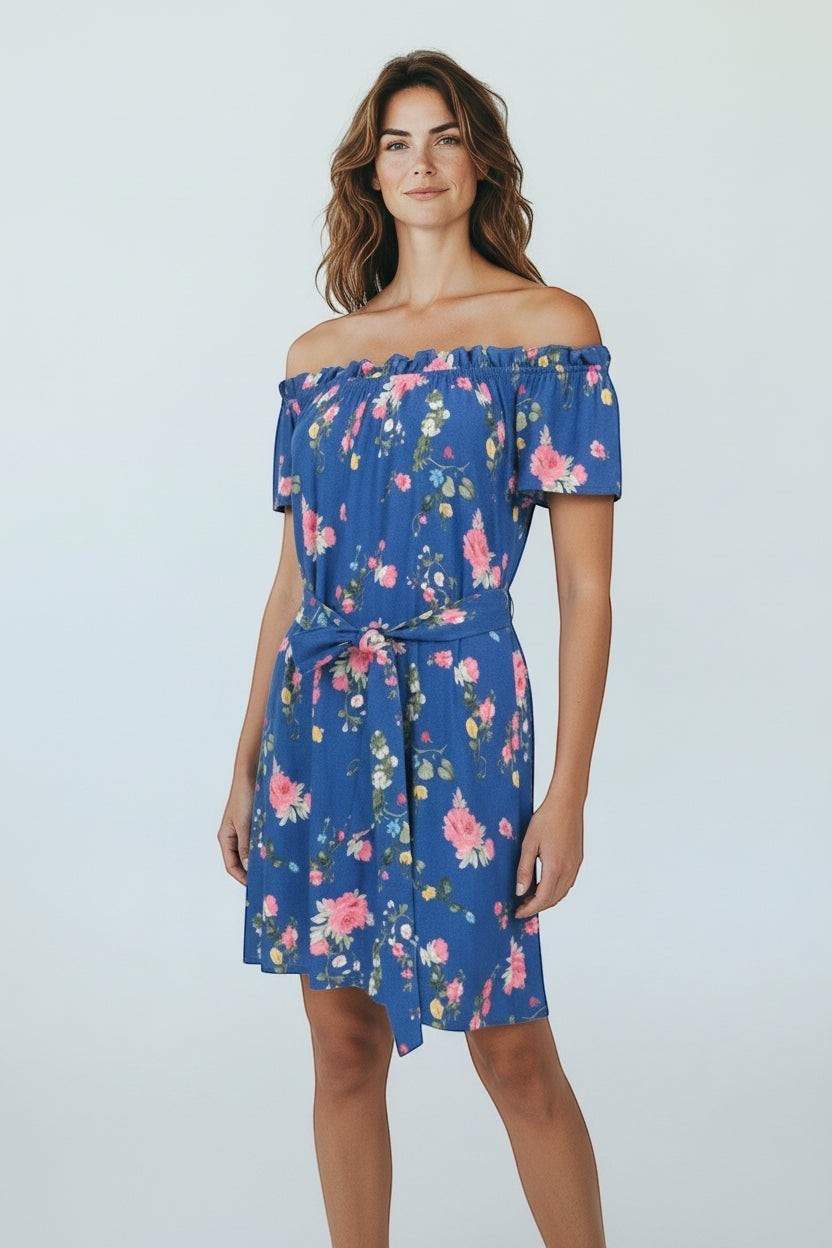 Robe mi-longue Frippindealz Springfield bleue en viscose à imprimé floral, épaules dénudées et ceinture à nouer