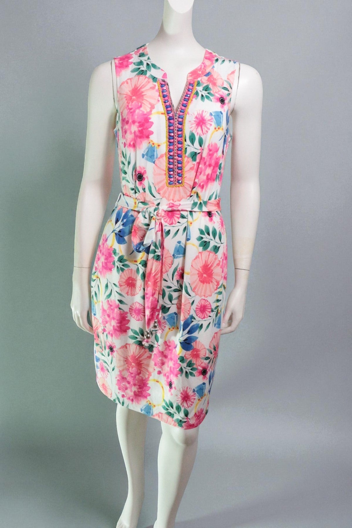Robe mi-longue Frippindealz K design en polyester blanc à motif floral rose et multicolore avec ceinture à la taille