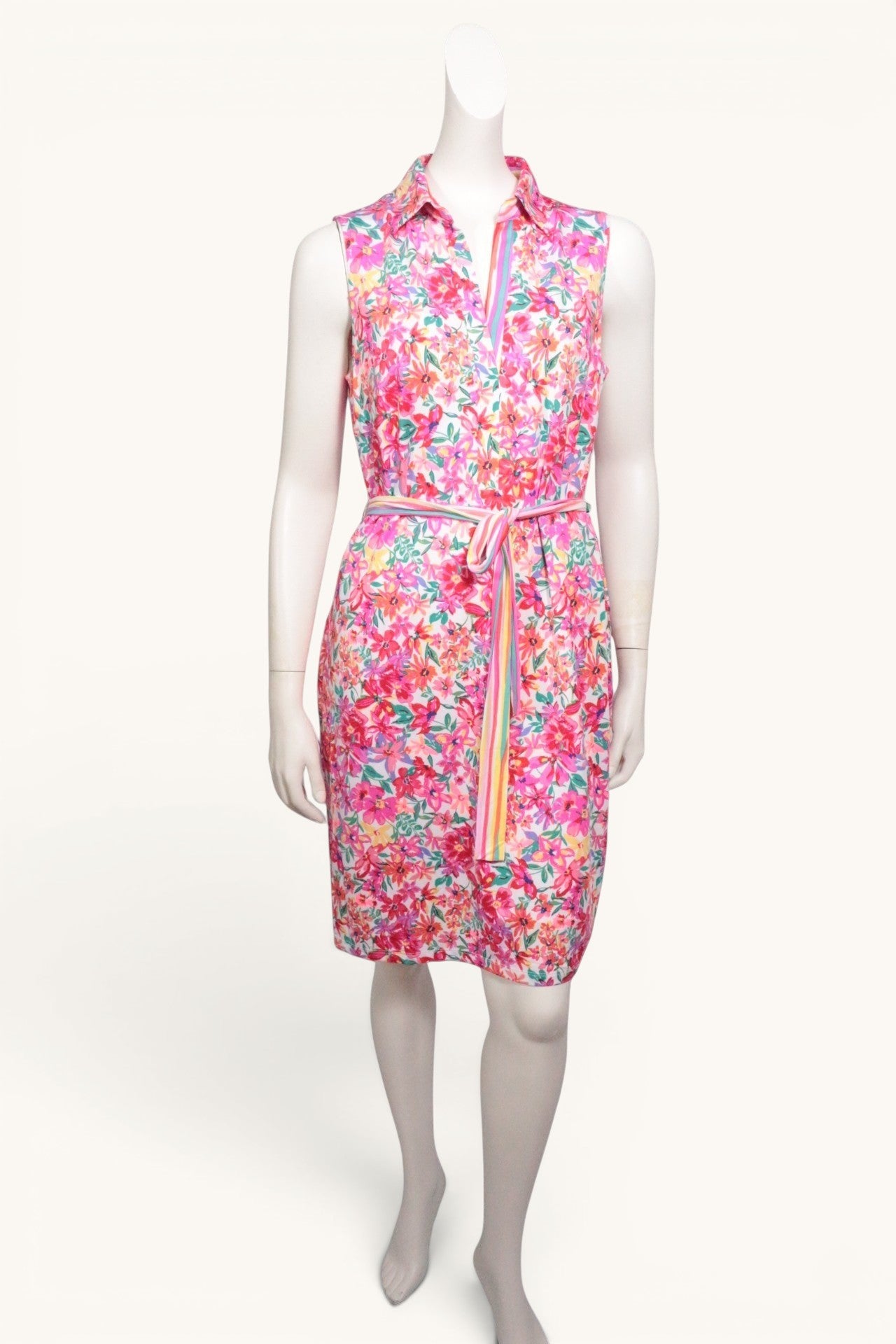 Robe mi-longue Frippindealz sans manches à imprimé floral rouge et multicolore avec col chemise et ceinture