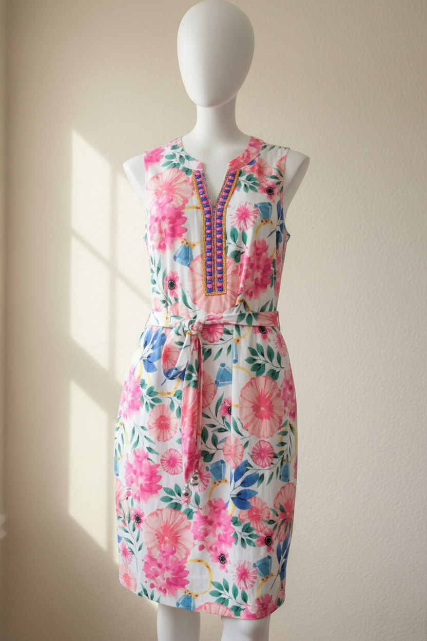 Robe mi-longue Frippindealz sans manches à motif floral rose et bleu avec ceinture et encolure perlée