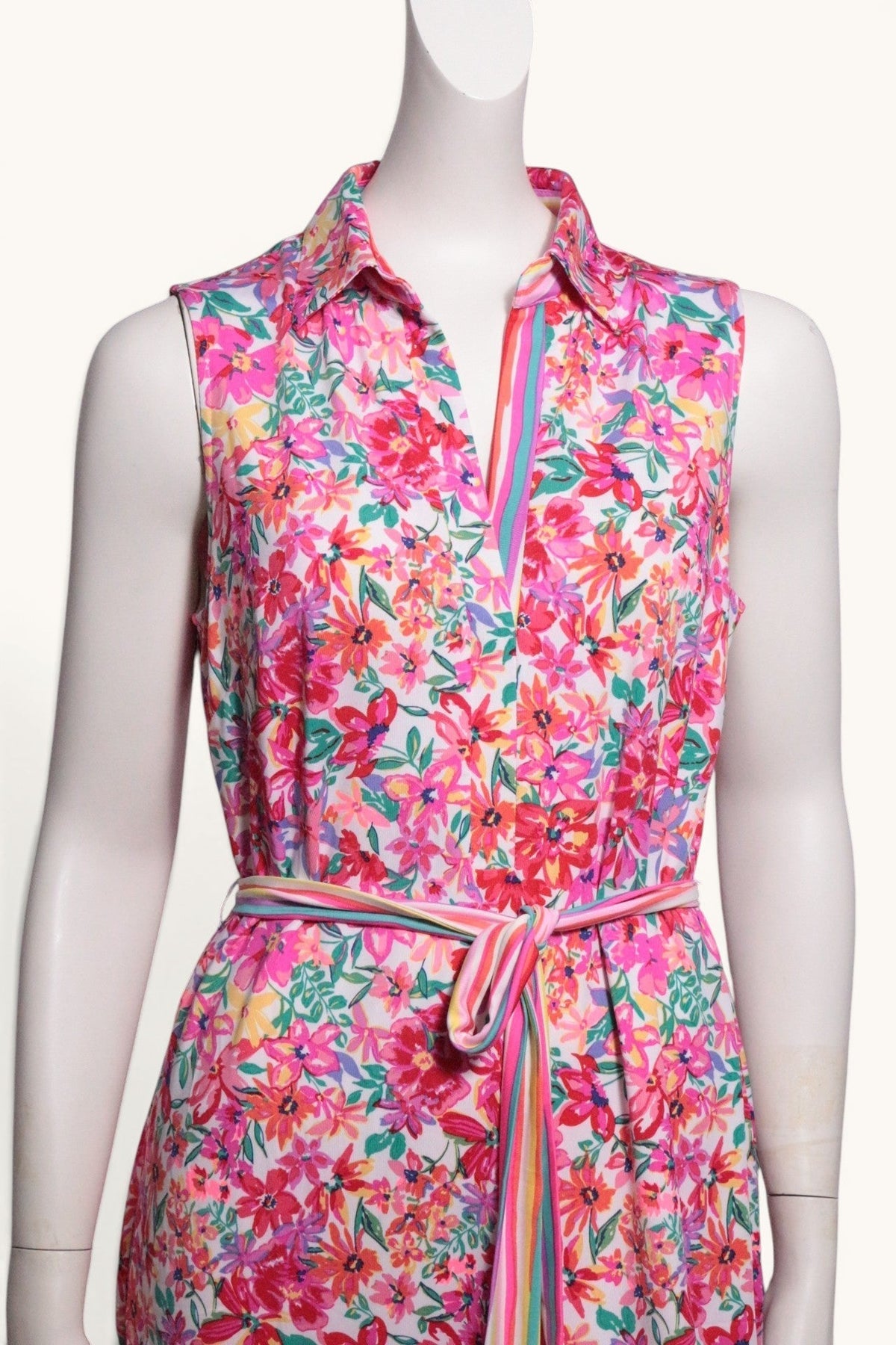 Robe mi-longue Frippindealz K design à imprimé floral multicolore, col chemise et ceinture à nouer, coupe droite
