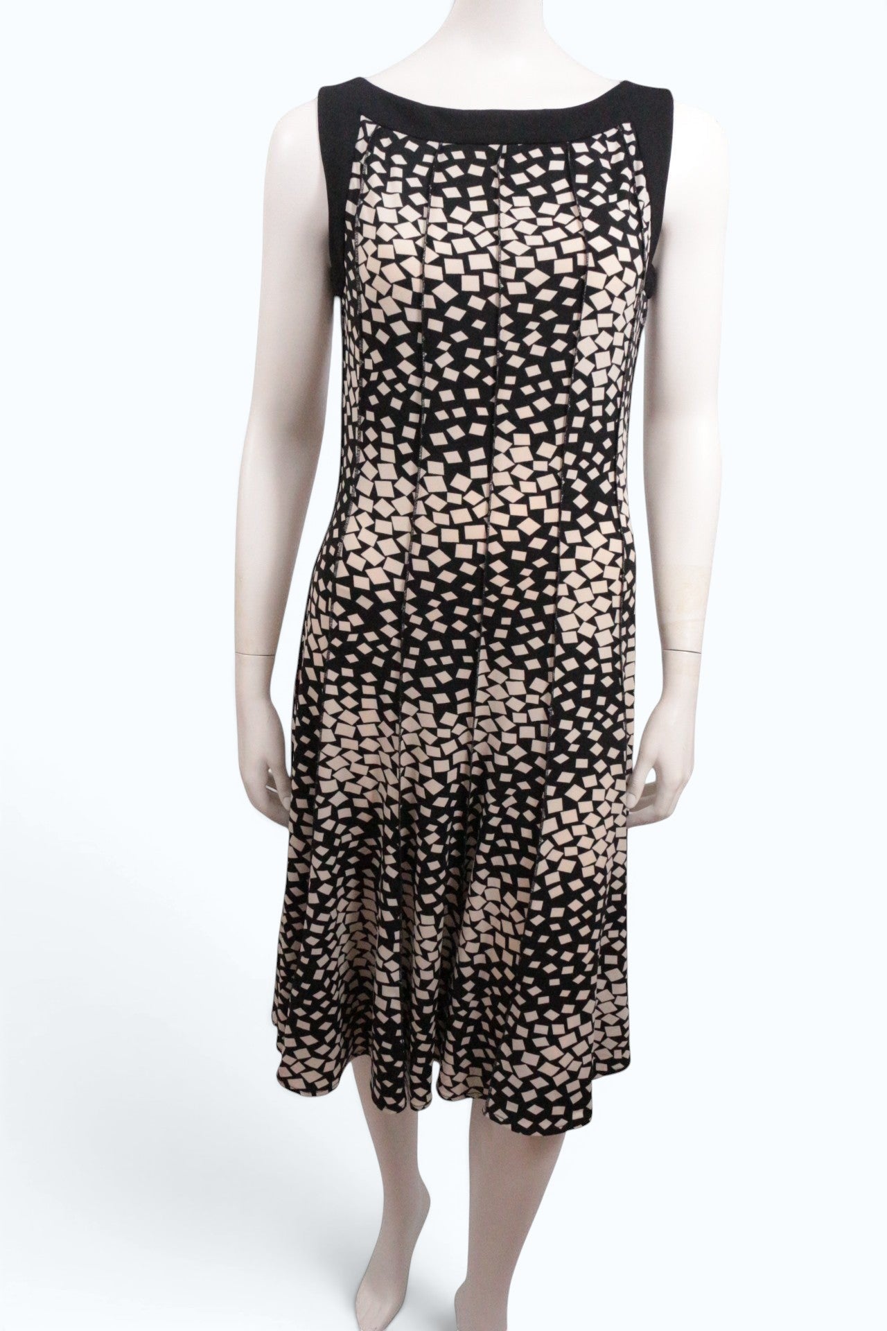 Robe mi-longue Frippindealz Forever sans manches avec motif géométrique noir et beige en polyester et élasthanne