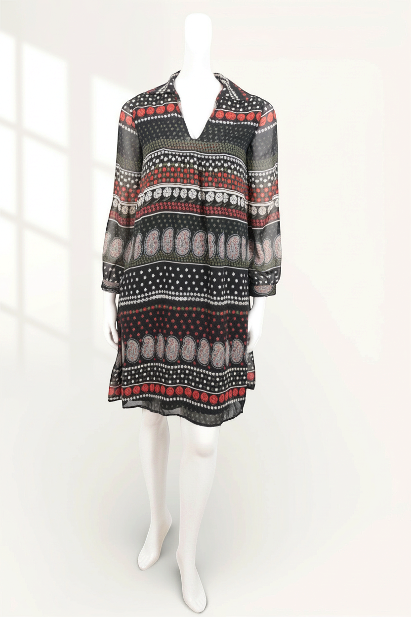 Robe mi-longue Frippindealz Molly Bracken en polyester fluide noir, kaki et rouge avec motifs imprimés