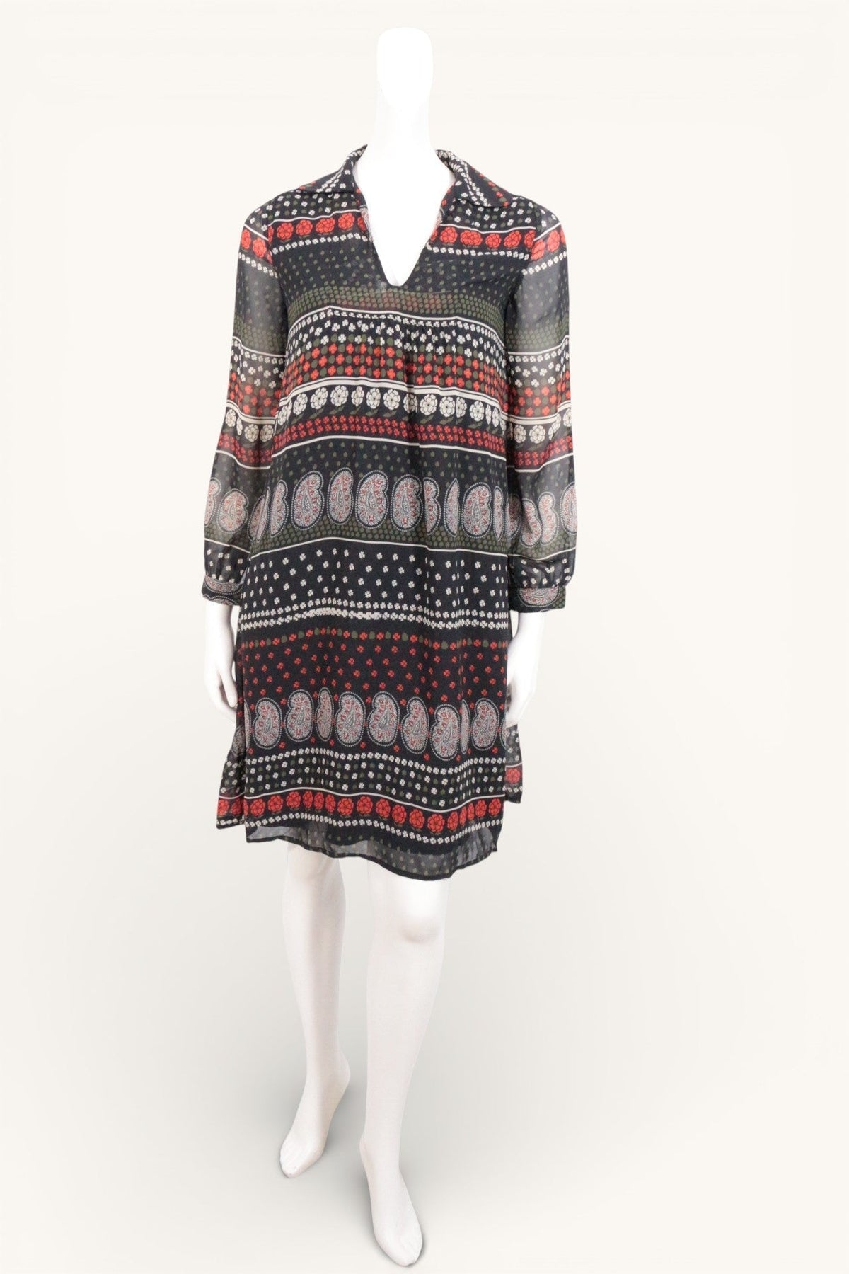 Robe mi-longue Frippindealz Molly Bracken en polyester fluide noir, kaki et rouge avec motifs imprimés bohèmes