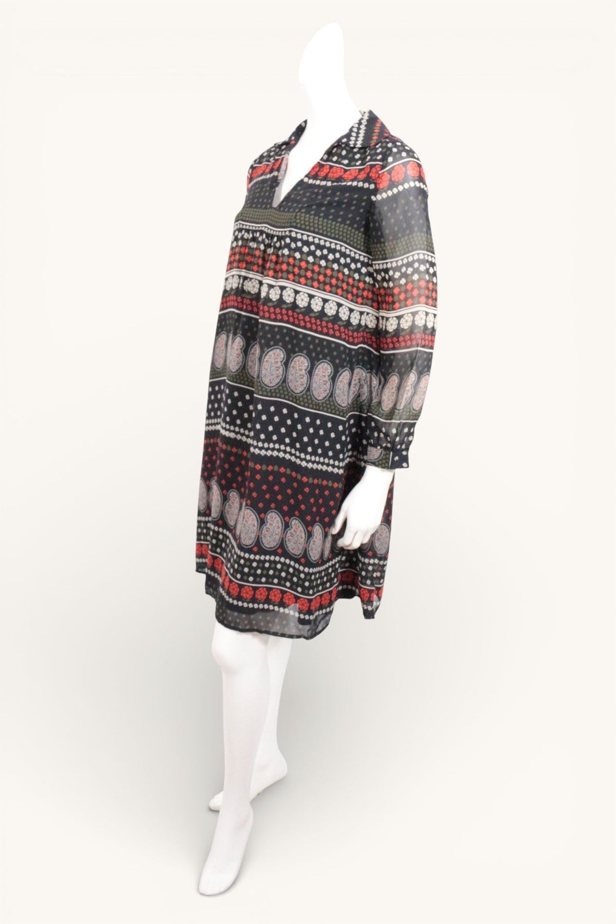 Robe mi-longue Frippindealz en polyester fluide noir, kaki et rouge avec motifs imprimés et col chemise