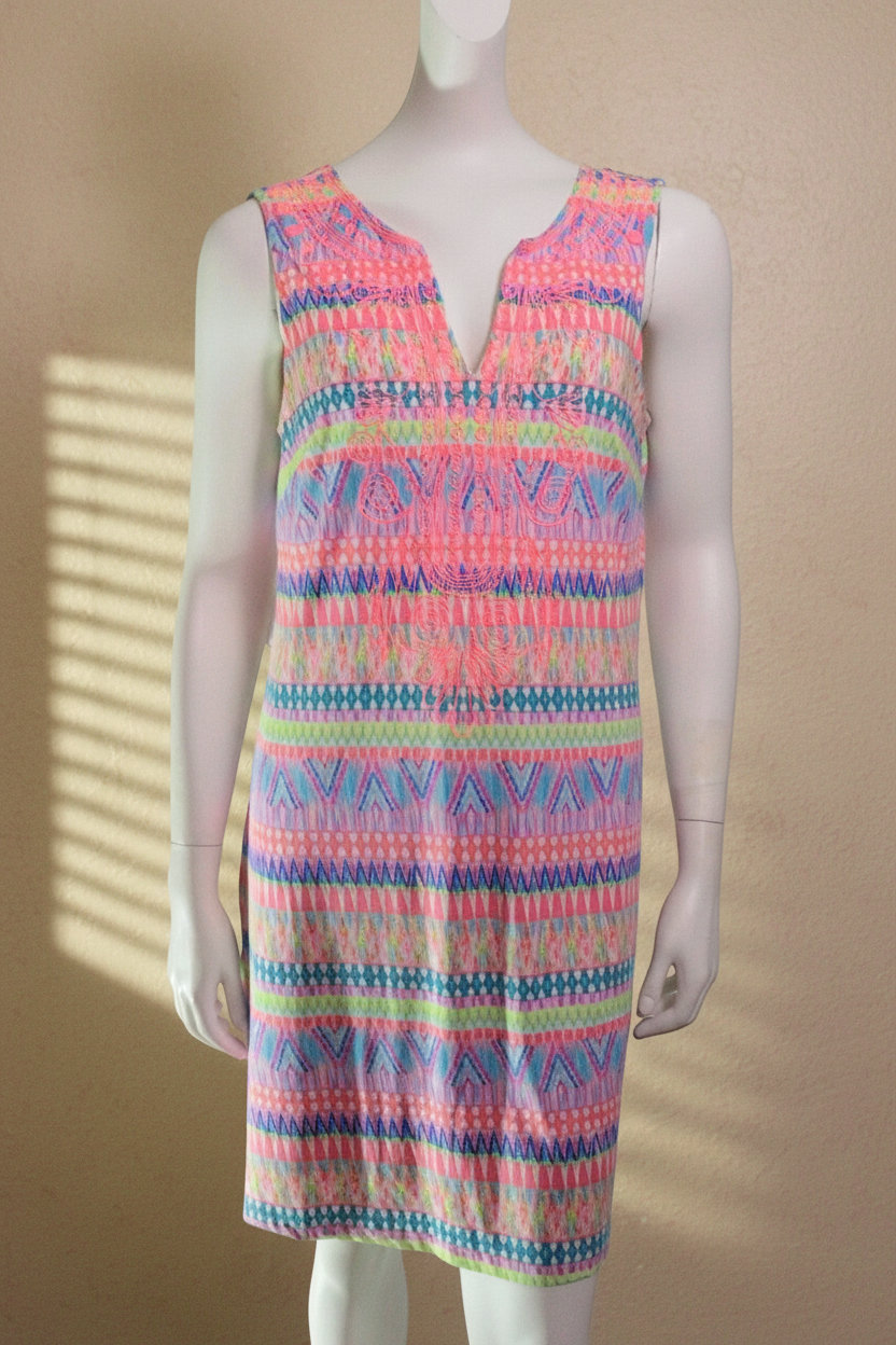 Robe mi-longue Frippindealz K design en polyester multicolore avec motifs géométriques et col en V brodé