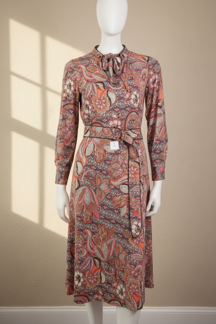 Robe midi K design multicolore à motifs cachemire orange et beige, vendue par Frippindealz sur mannequin
