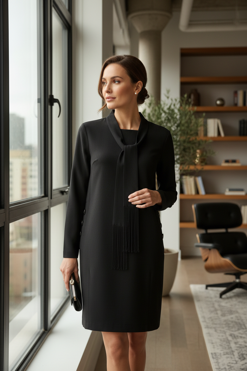 Femme portant une robe midi noire Frippindealz avec col foulard à franges et manches longues dans un intérieur chic