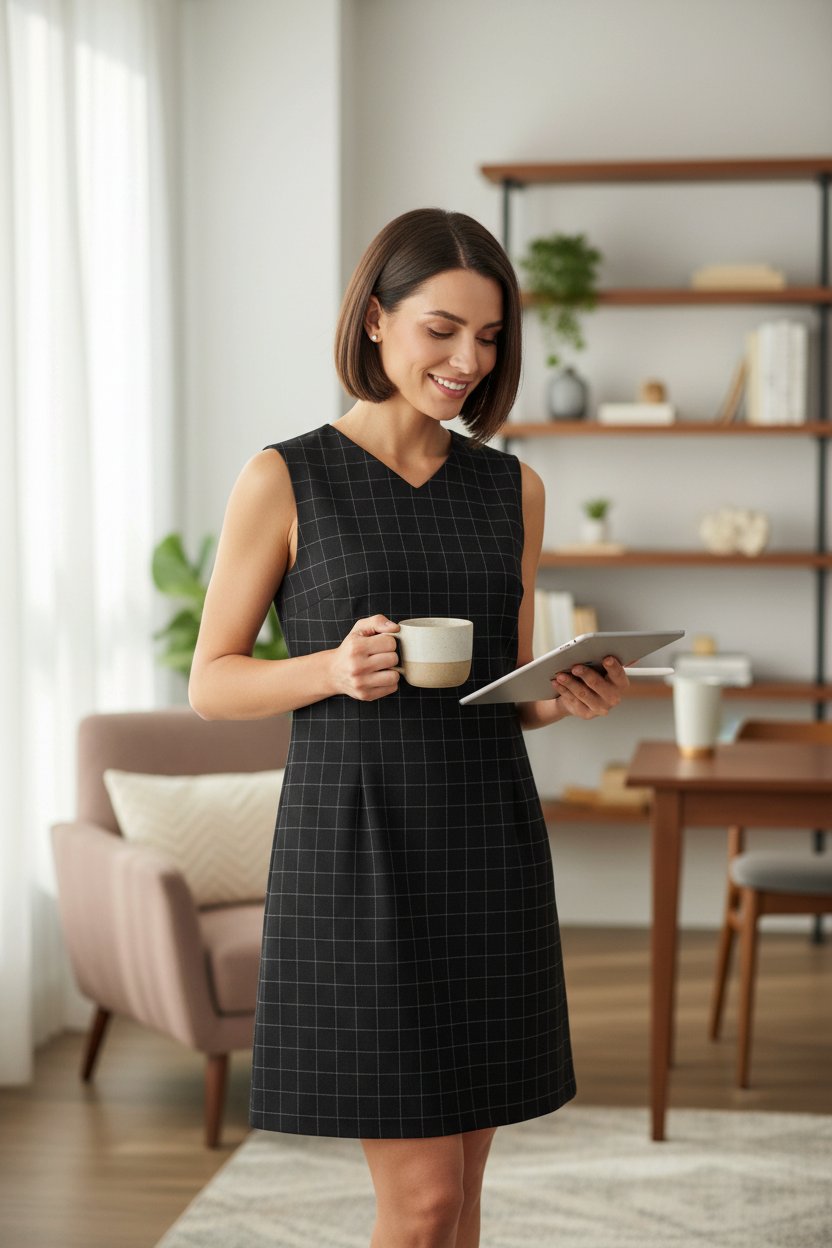 Femme souriante portant une robe Adéle Joris noire et beige à carreaux, style minimaliste chic, tenant une tablette.