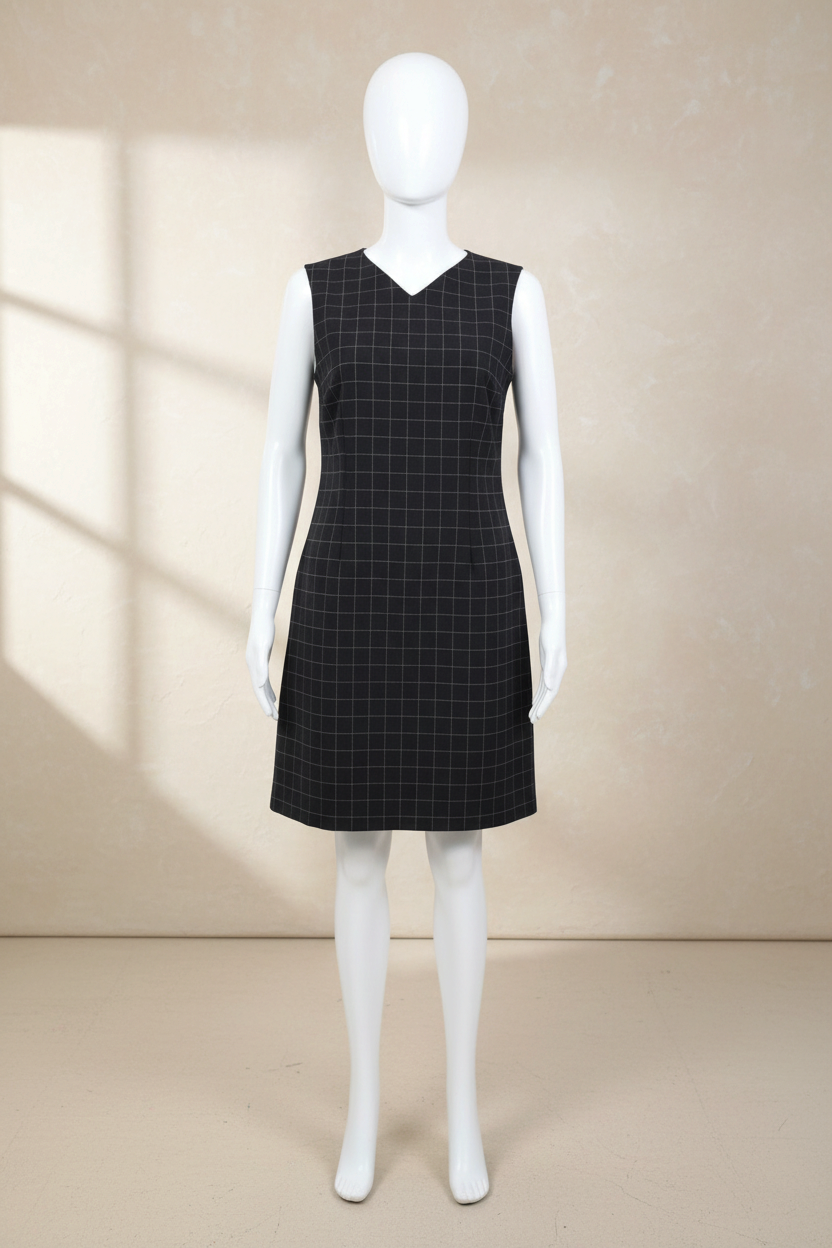 Robe courte sans manches Frippindealz en polyester noir à carreaux beiges, coupe minimaliste et col en V