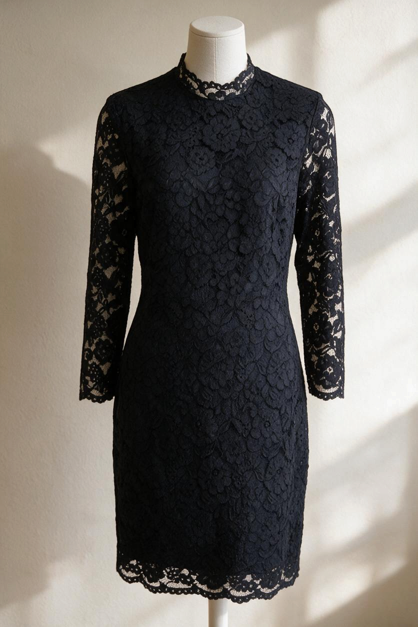 Robe noire en dentelle Frippindealz avec manches longues et col montant, style élégant pour soirée