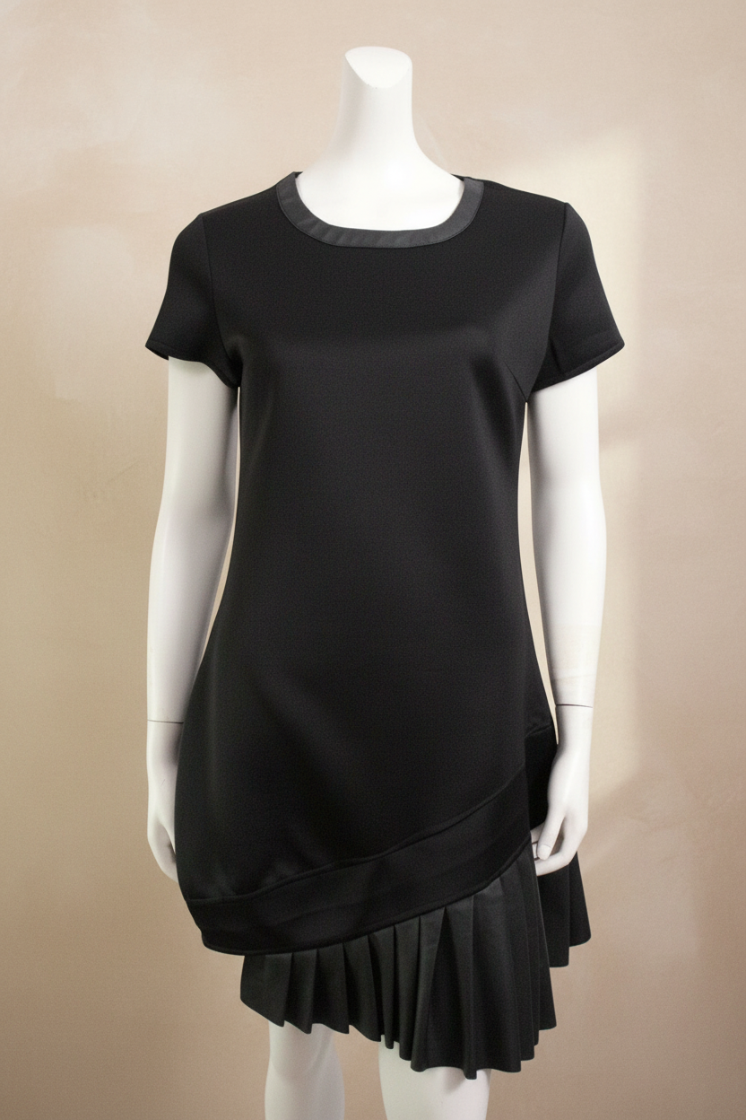 Robe noire Frippindealz en polyester et cuir synthétique avec ourlet plissé asymétrique sur mannequin