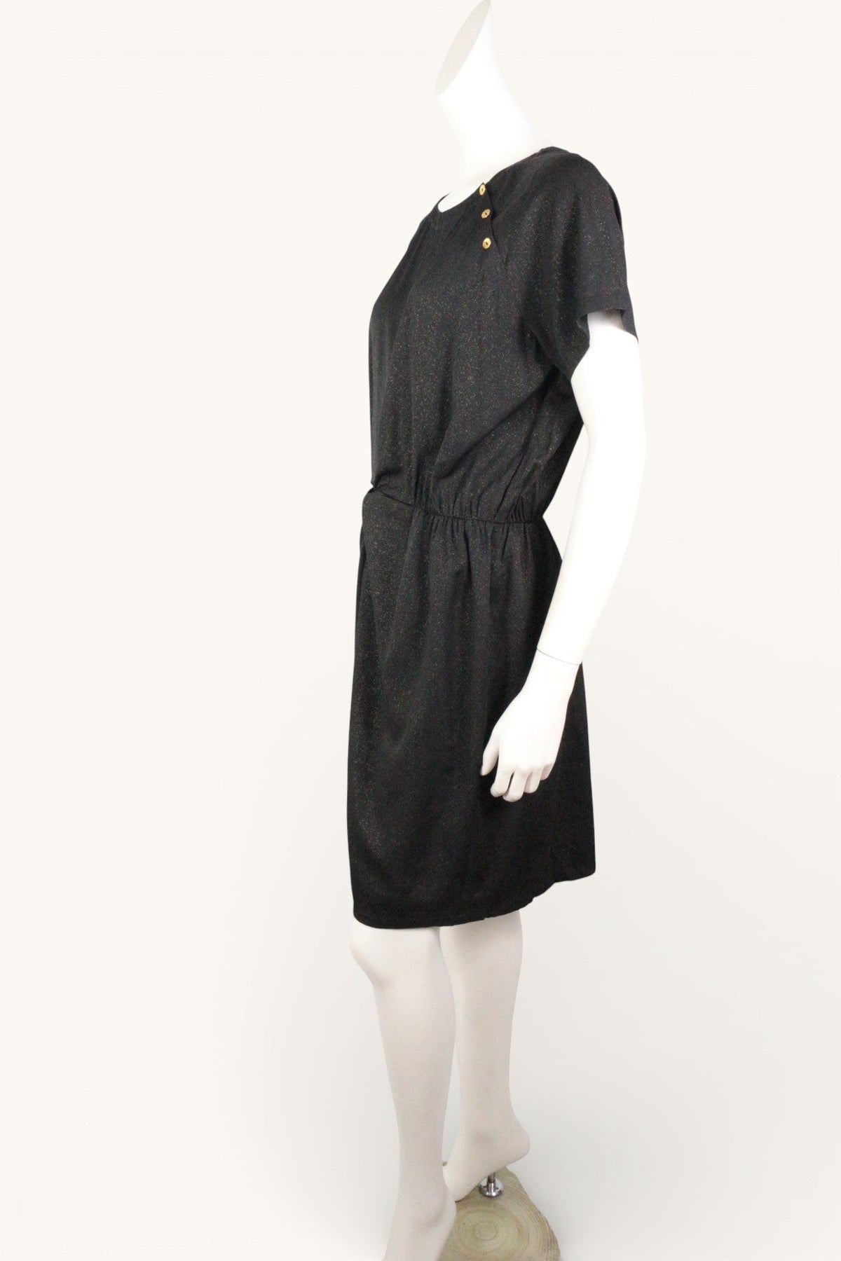 Robe noire scintillante Karl Marc John en viscose et polyester avec boutons dorés, vue de profil, Frippindealz