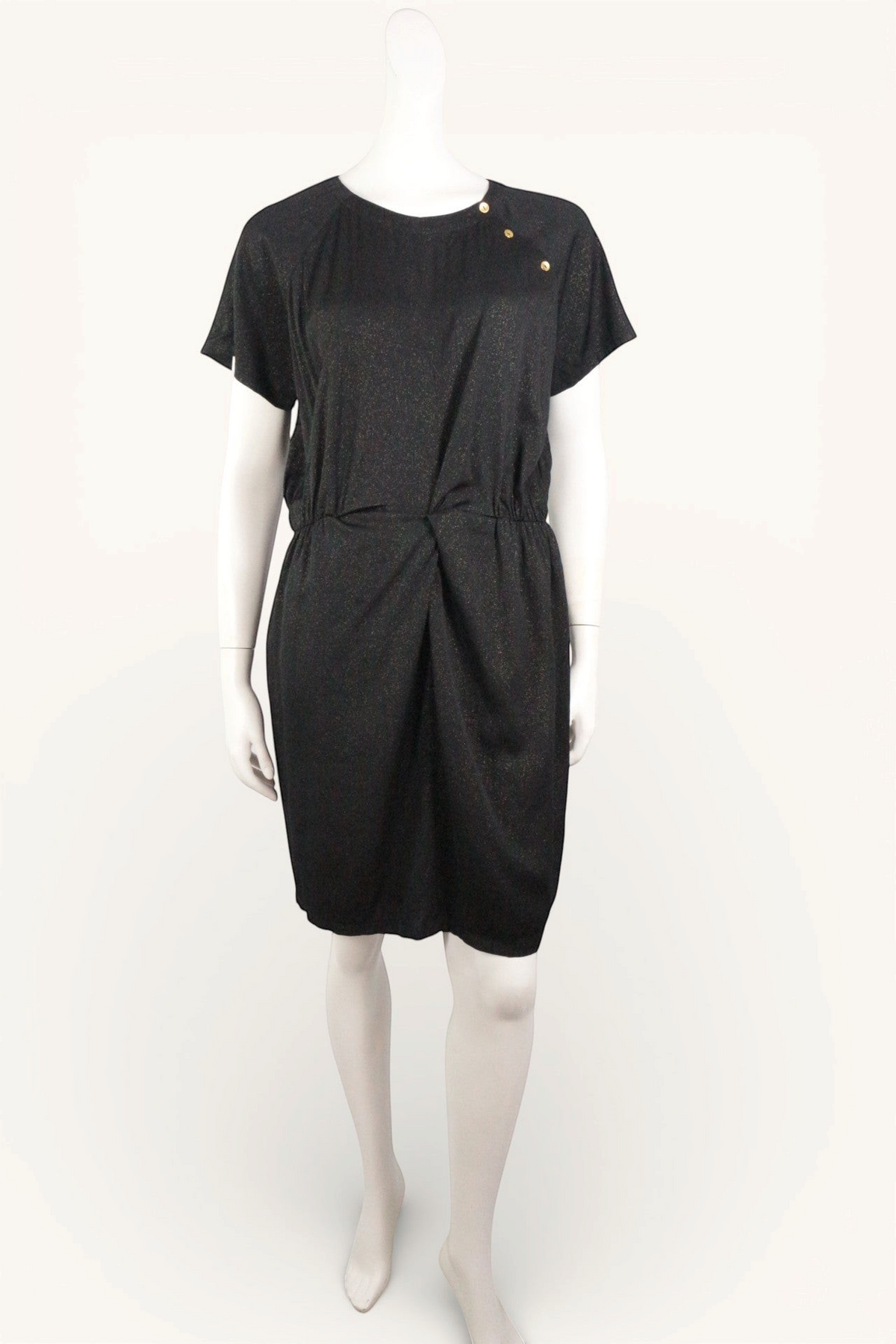 Robe noire scintillante Frippindealz en viscose et polyester avec détails de boutons dorés sur l'épaule