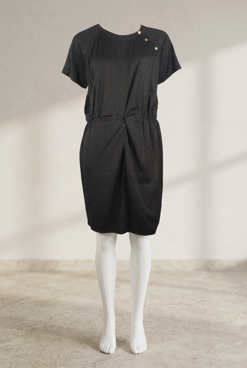 Robe noire scintillante Frippindealz en viscose et polyester avec boutons dorés à l'épaule et coupe ajustée