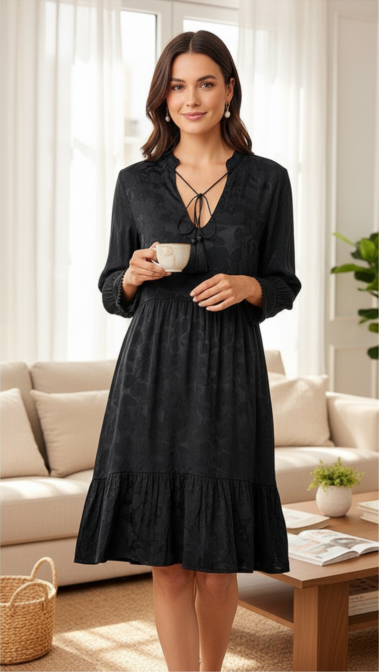Robe noire Frippindealz Amélie & Amélie en viscose avec encolure en V, pompons et coupe fluide style bohème chic