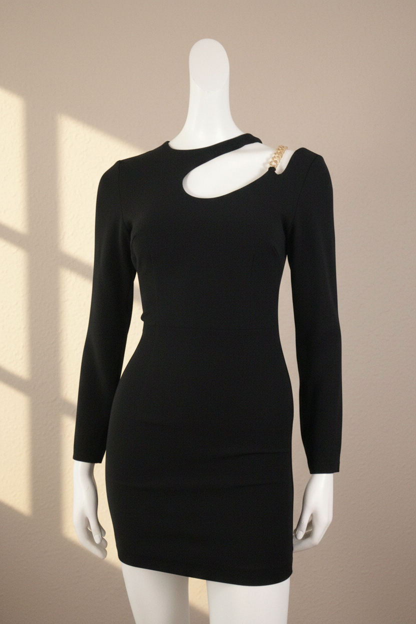 Robe courte noire Zara de Frippindealz avec découpe asymétrique et détail de chaîne dorée à l'épaule