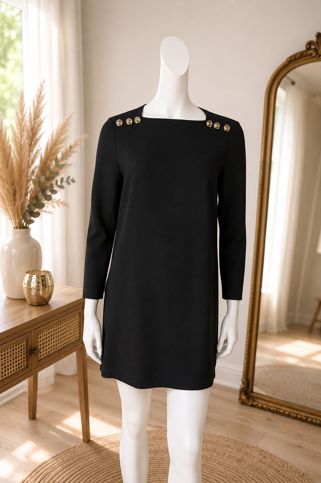 Frippindealz Robe noire Zara Woman à manches longues, encolure carrée et boutons dorés style officier. Coupe droite chic.