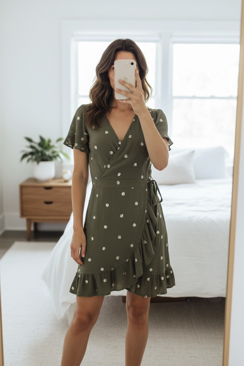 Robe portefeuille kaki olive GOA à paillettes dorées, manches volantées, bas à volants, style bohème chic, taille M.