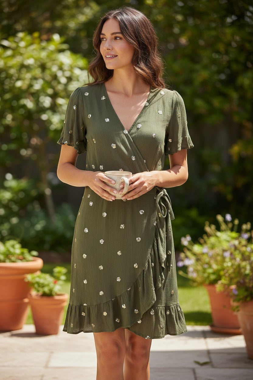 Robe portefeuille kaki olive Frippindealz avec paillettes dorées brodées, manches volantées et bas volanté, style bohème chic.
