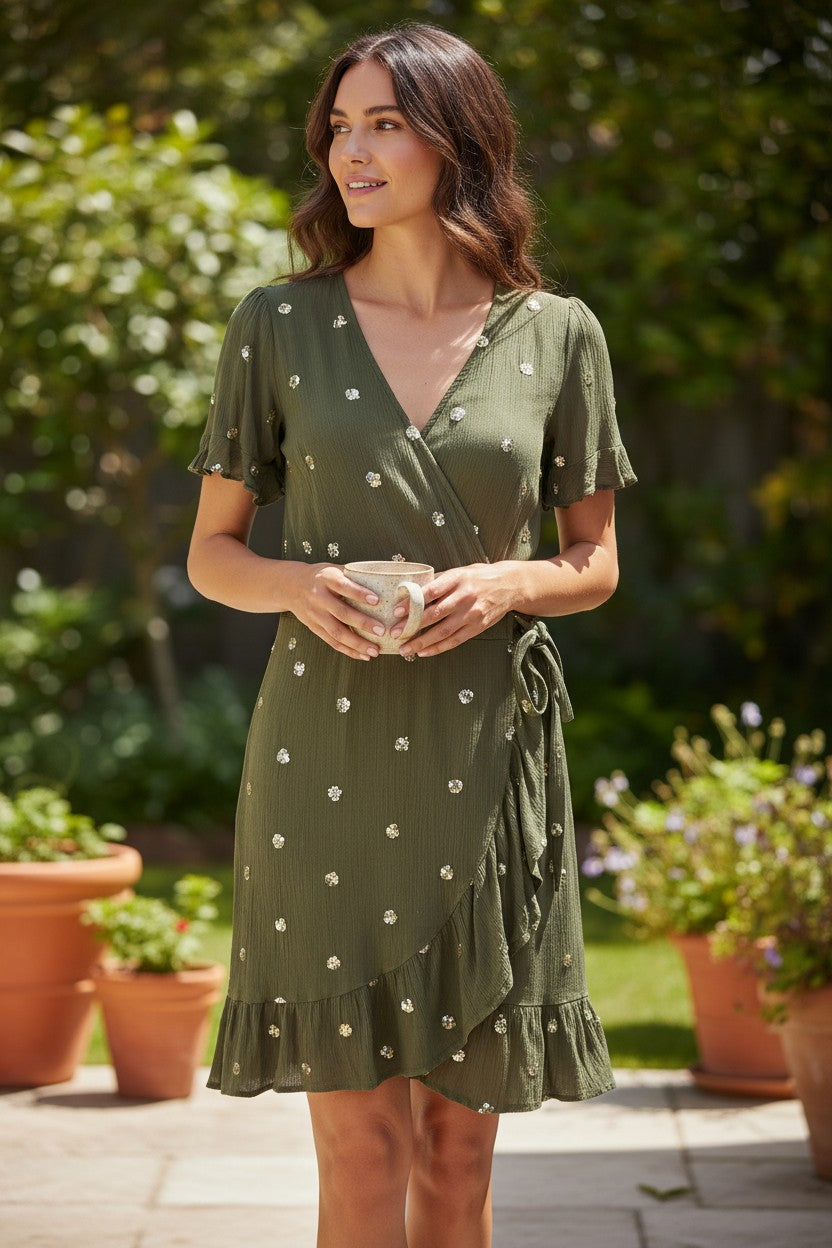 Robe portefeuille kaki olive Frippindealz avec paillettes dorées brodées, manches volantées et bas volanté, style bohème chic.