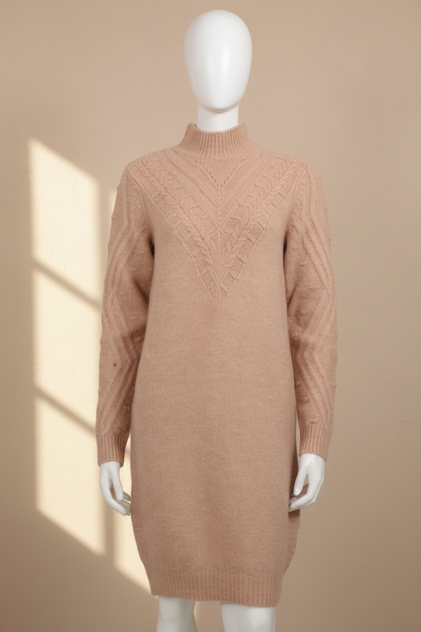 Robe pull Lolaliza Frippindealz camel en maille douce avec col montant et détails texturés sur le buste