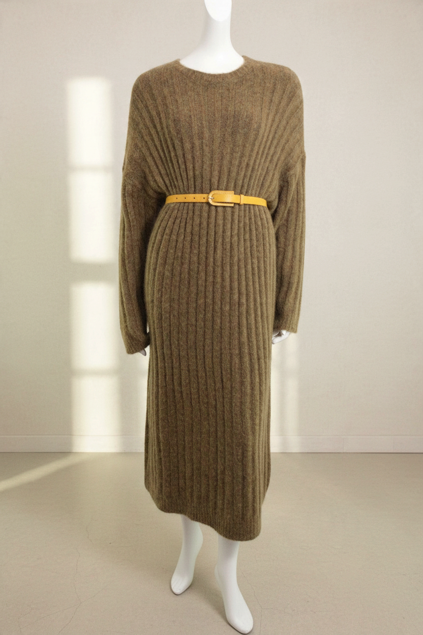Robe pull Zara kaki en maille côtelée douce, présentée par Frippindealz sur un mannequin avec une ceinture jaune