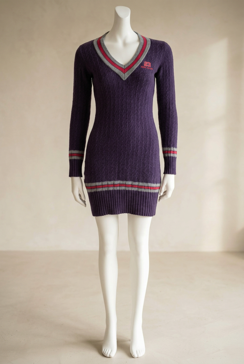 Robe pull en laine violette Frippindealz style preppy avec col V contrasté gris et rouge et détails rayés