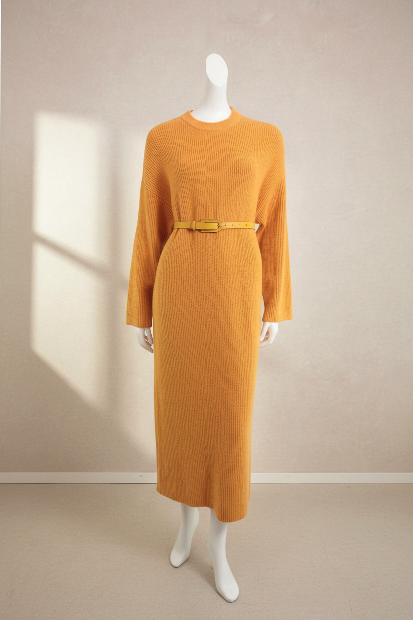 Robe pull Zara orange en maille côtelée avec ceinture, vendue par Frippindealz, style décontracté et élégant.