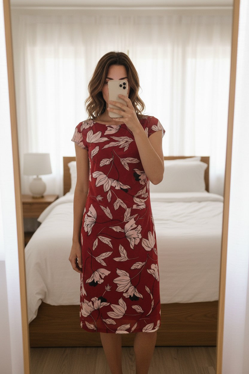 Frippindealz Robe rouge à imprimé floral, coupe ajustée en polyamide et élasthanne, idéale pour soirées.