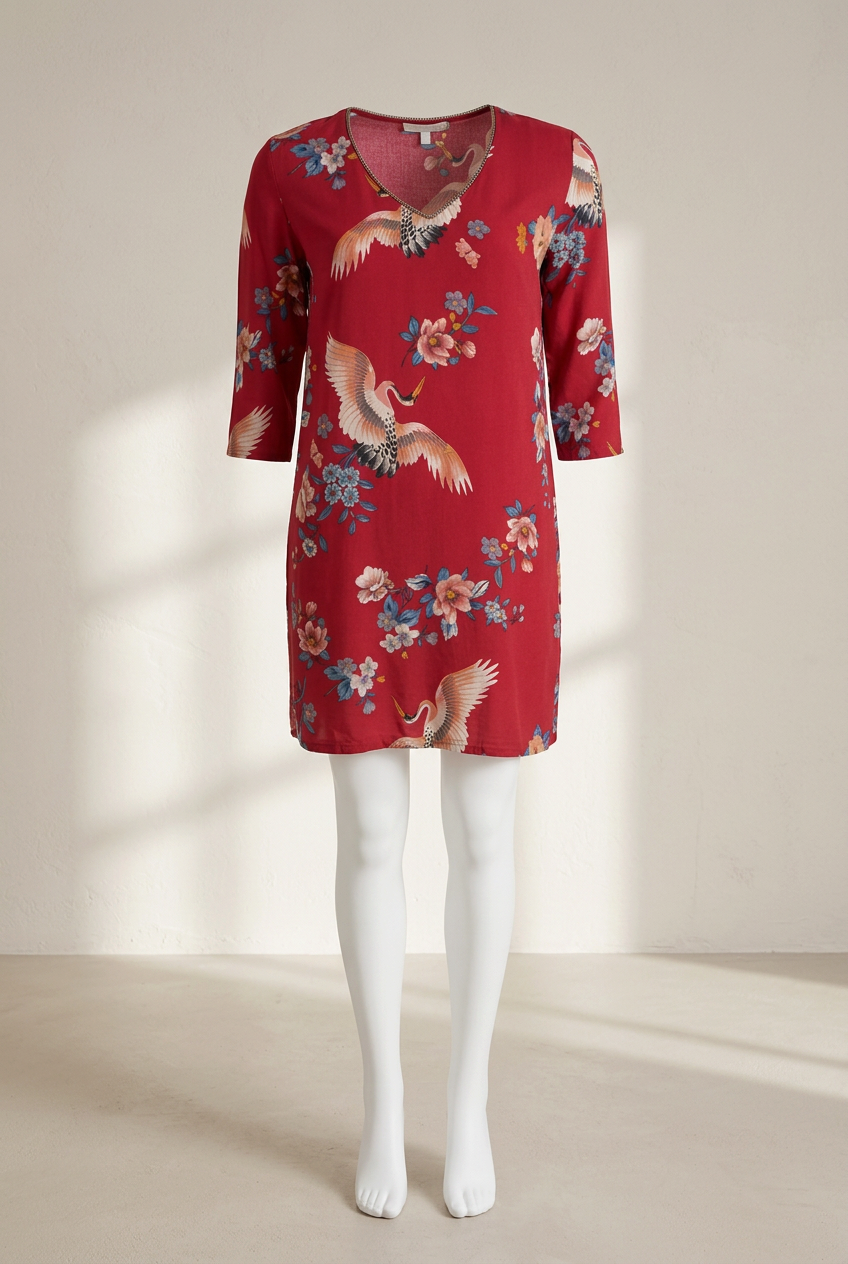 Robe rouge Lili & Lala en polyester avec imprimés de grues et fleurs, coupe fluide, vendue par Frippindealz